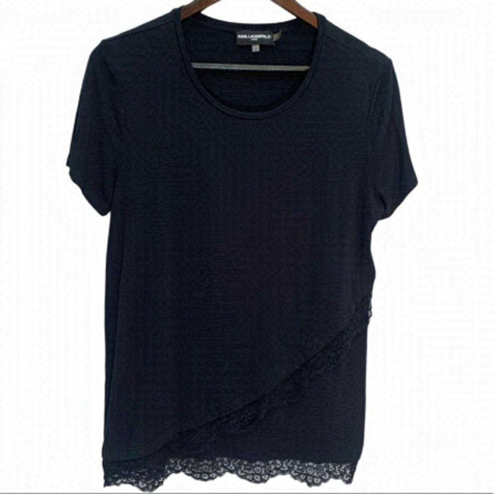 𝅺karl Lagerfeld Black T-Shirt Top Lace Hemline with Crossover Detail Size…